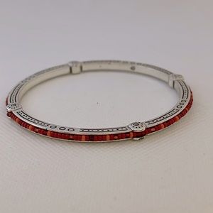 Brighton Red & Coral Seed Bead Silver Bangle Bracelet - EUC